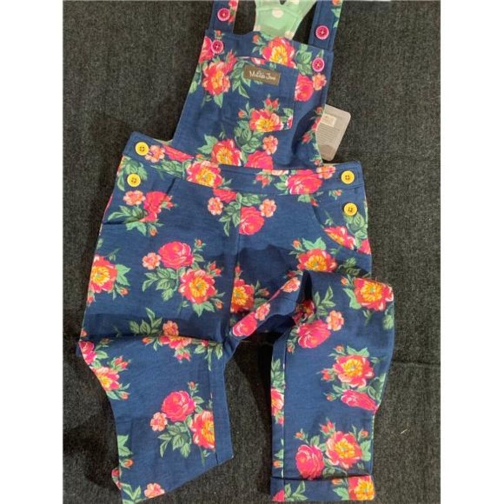 Matilda Jane Girls Floral Overalls Size 4 Navy Pink Yellow Flowers Jumpsuit